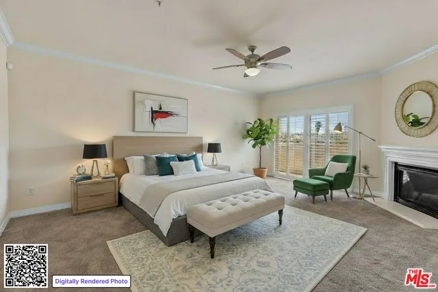 a spacious bedroom with a bed a table and chair