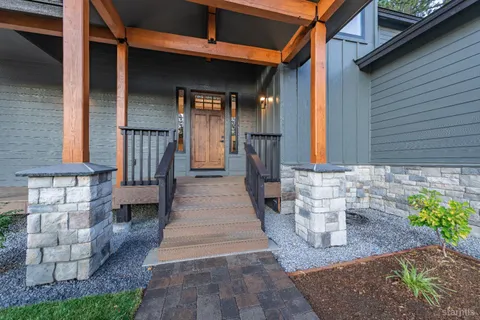 a front view of a house with patio