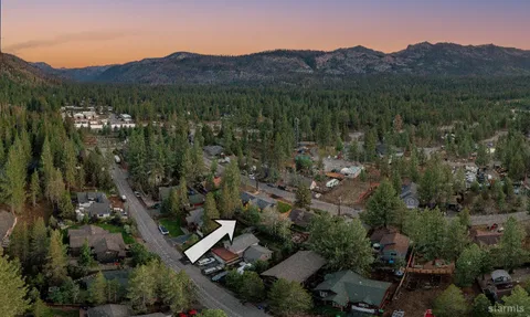 an aerial view of green landscape with trees and houses