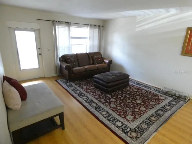 a living room with a couch and a rug