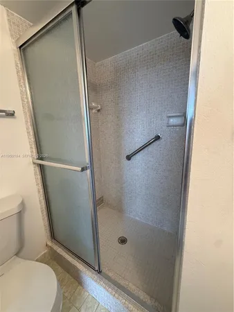 a bathroom with a shower and a toilet