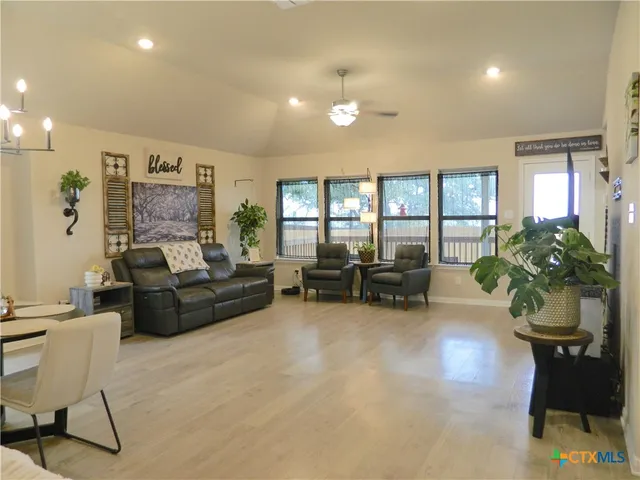 a living room with furniture and a potted plant