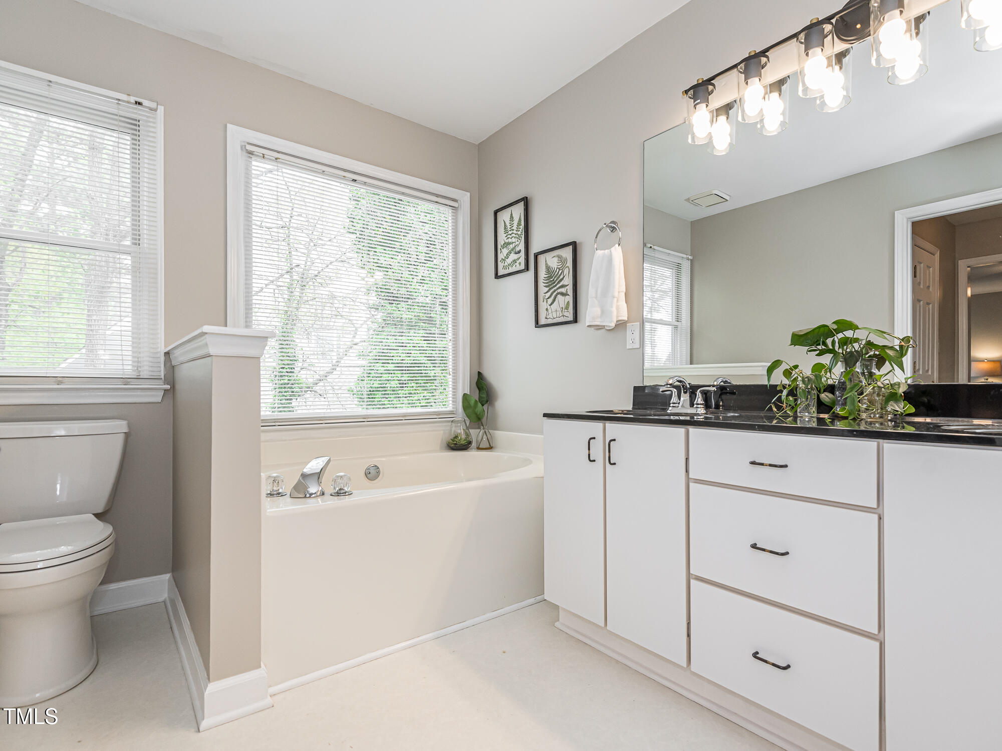 4617 Atterbury Court Raleigh, NC 27604 - Photo 21 of 41 a bathroom with a bathtub a sink and a large mirror