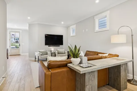 a view of a dining room with furniture
