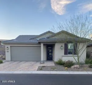 a front view of a house with garage and plants