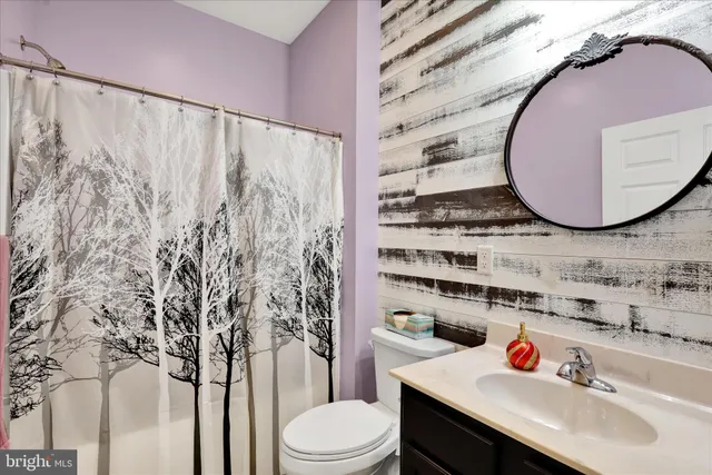 a bathroom with a sink toilet and shower curtain