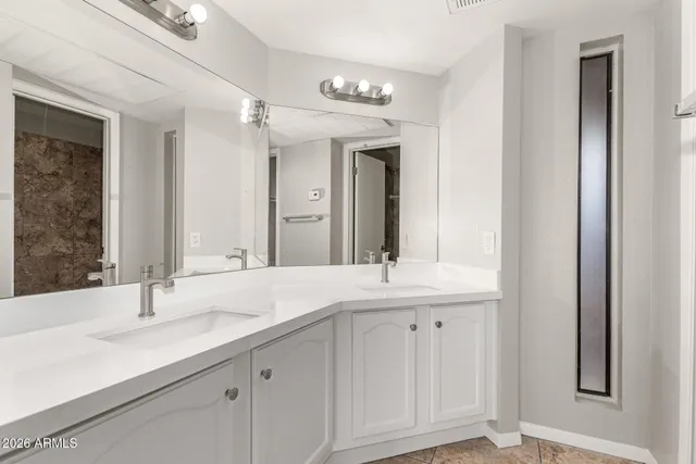 a bathroom with a sink and a mirror