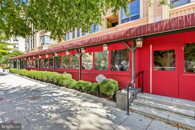 front view of a building with a street
