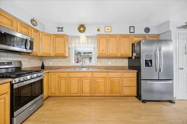 a kitchen with stainless steel appliances granite countertop a refrigerator a stove a sink and a window
