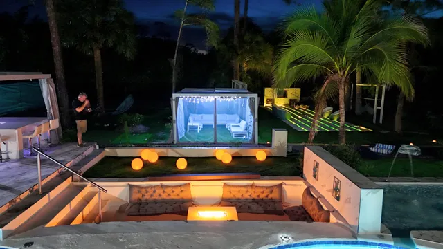 a living room with furniture and a table