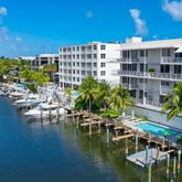 a view of a lake with building