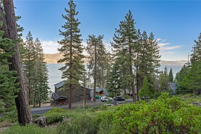 a view of a dry yard with mountain and lake view