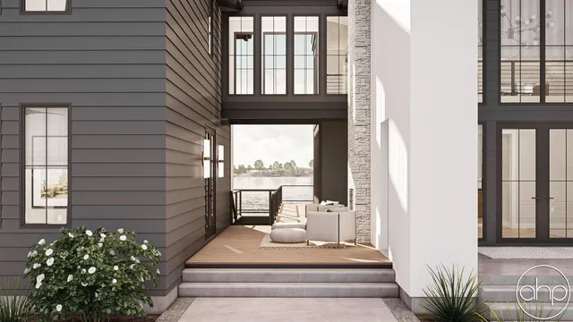 a building exterior with furniture