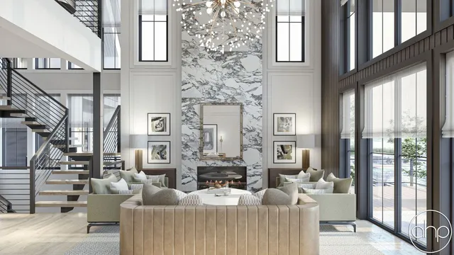 a living room with fireplace furniture and a large window