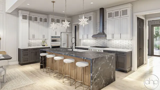 a kitchen with kitchen island granite countertop a sink stove and cabinets