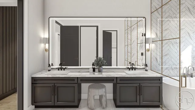 a bathroom with double sink and a mirror