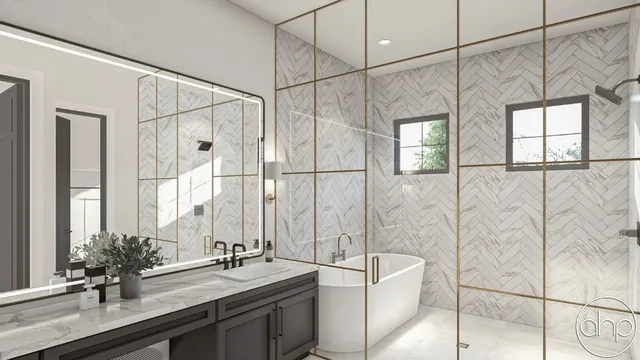 a bathroom with a granite countertop sink a large mirror and a bathtub with shower