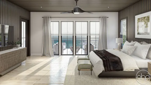 a bedroom with a bed and a balcony view