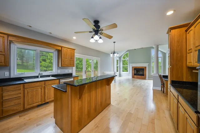 a kitchen with stainless steel appliances granite countertop a stove a sink dishwasher and a fireplace with wooden floor
