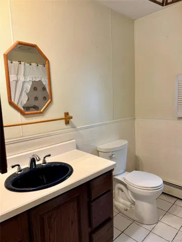 a bathroom with a sink a toilet and a mirror