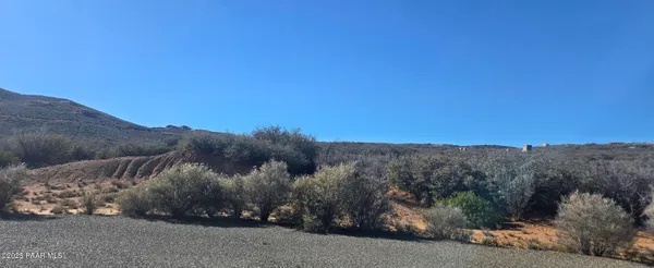 a view of a dry yard with mountains