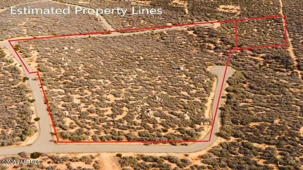 a view of a dry yard with mountains in the background