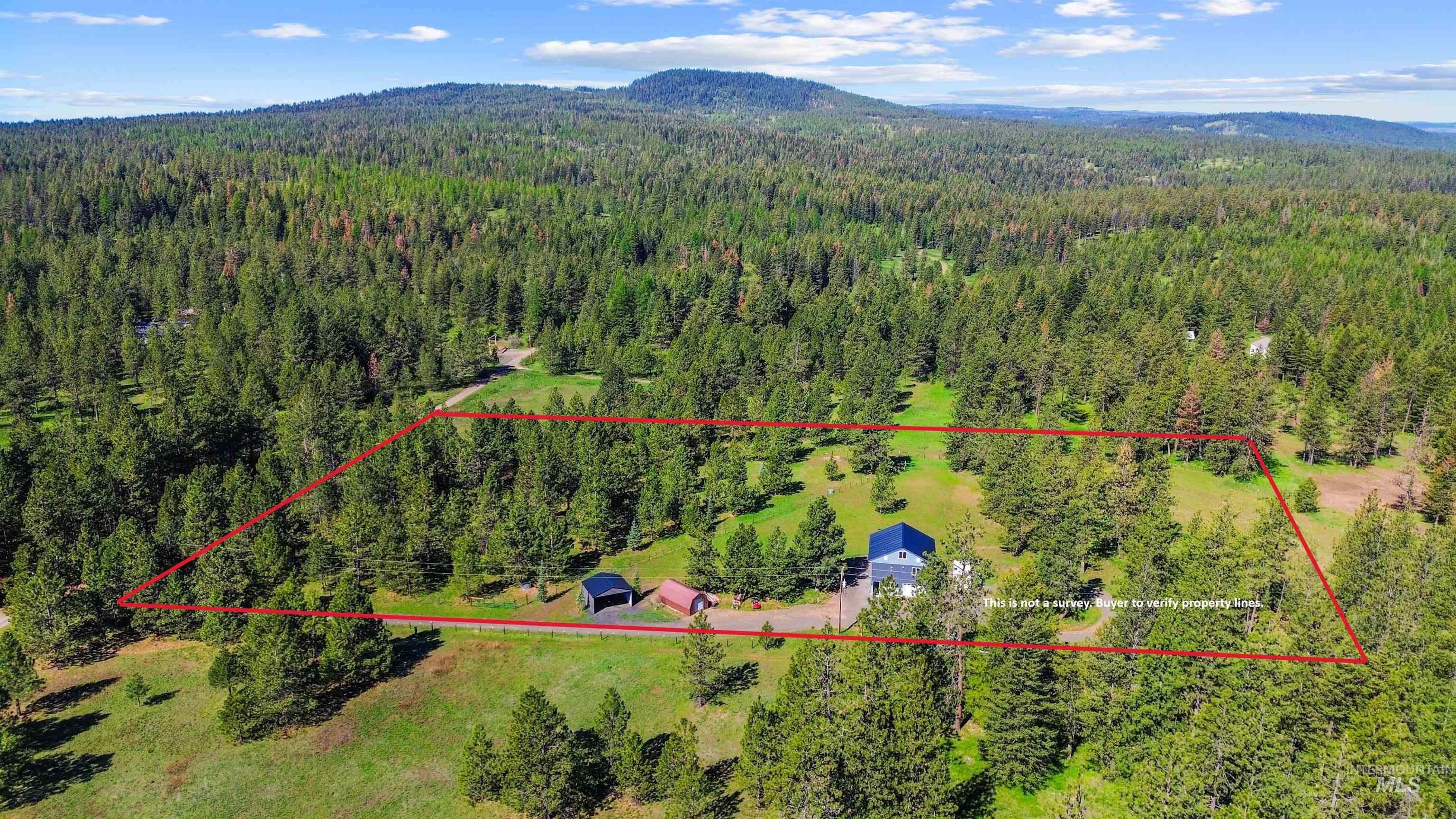 507 Bearlea Road Anatone, WA 99401 - Photo 2 of 47 Expansive wooded acreage featuring a single-family residence with a dark roof, two outbuildings, and a gravel driveway