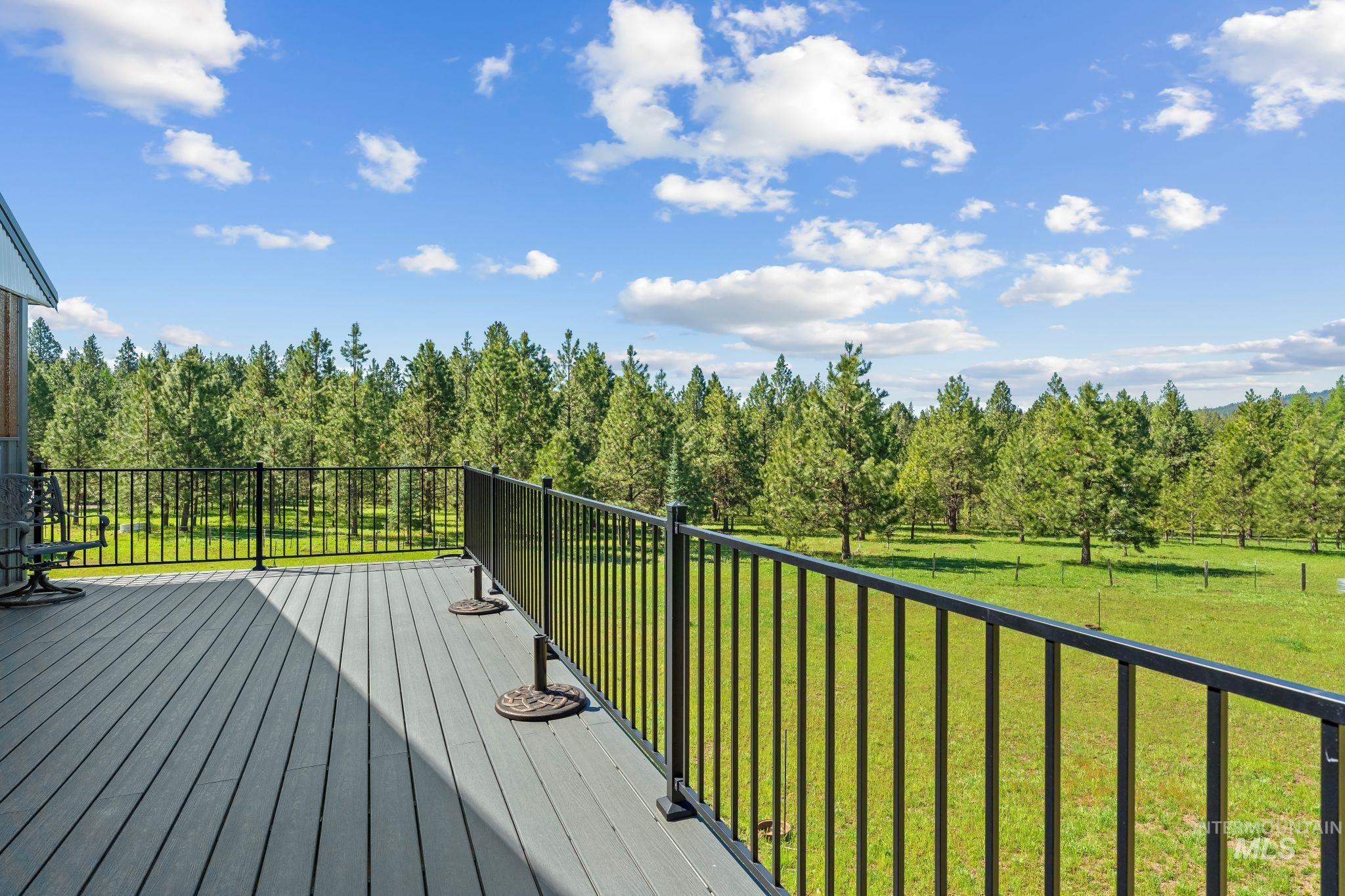 507 Bearlea Road Anatone, WA 99401 - Photo 27 of 47 Spacious outdoor deck featuring composite decking, black metal railings, and expansive views of mature trees and green acreage