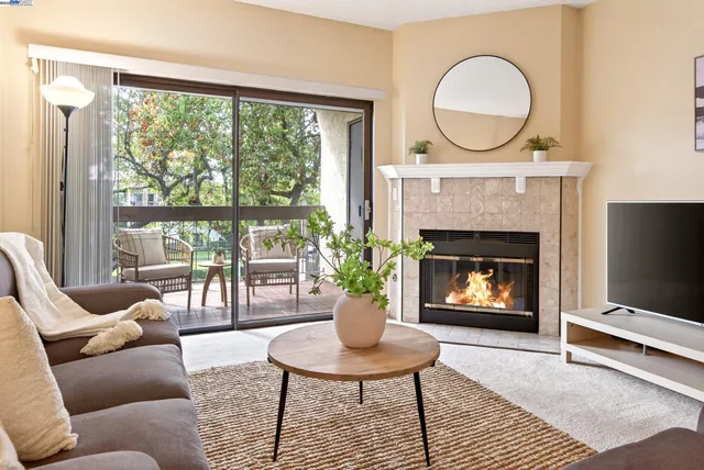 a living room with furniture a window and a fireplace