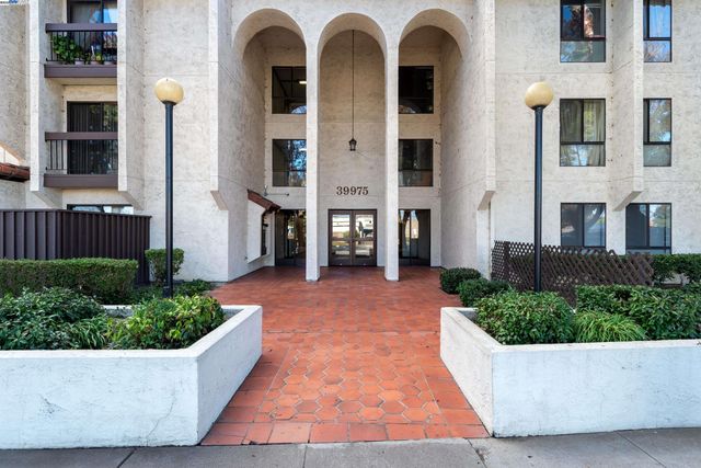 a view of a brick house with potted plants
