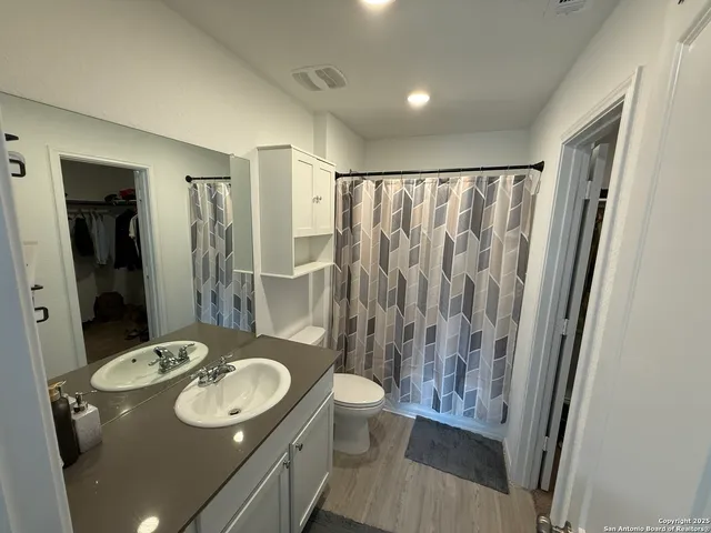 a bathroom with a sink a toilet and shower curtain