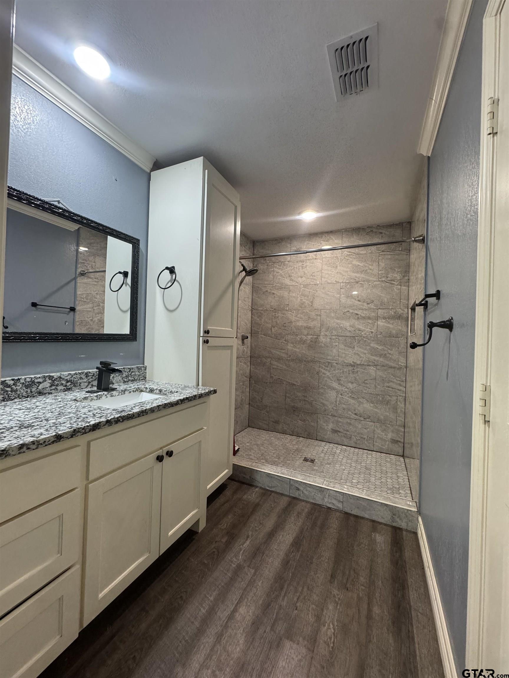 8261 County Road 381 Tyler, TX 75708 - Photo 12 of 24 a bathroom with a granite countertop sink a mirror and shower