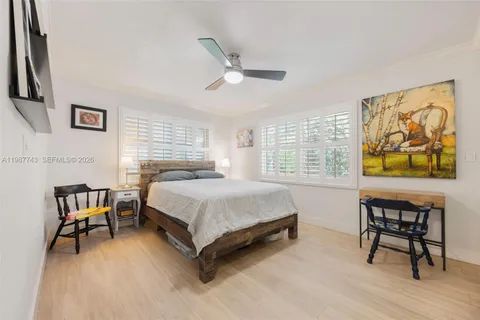 a spacious bedroom with a bed and a table in it