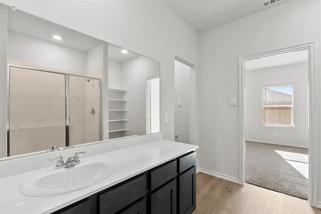 a bathroom with a sink shower and a mirror