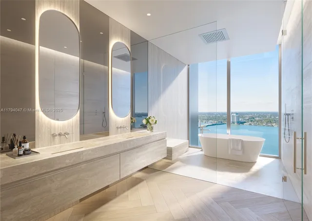 a spacious bathroom with a large mirror and a bathtub