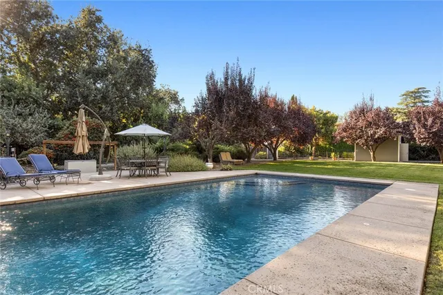 a view of a swimming pool and trees in the background