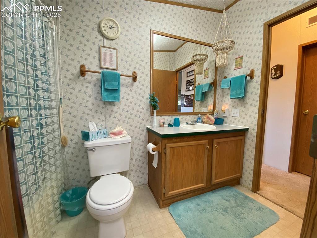 3955 South Meridian Road Colorado Springs, CO 80929 - Photo 19 of 39 a bathroom with a granite countertop toilet sink and mirror