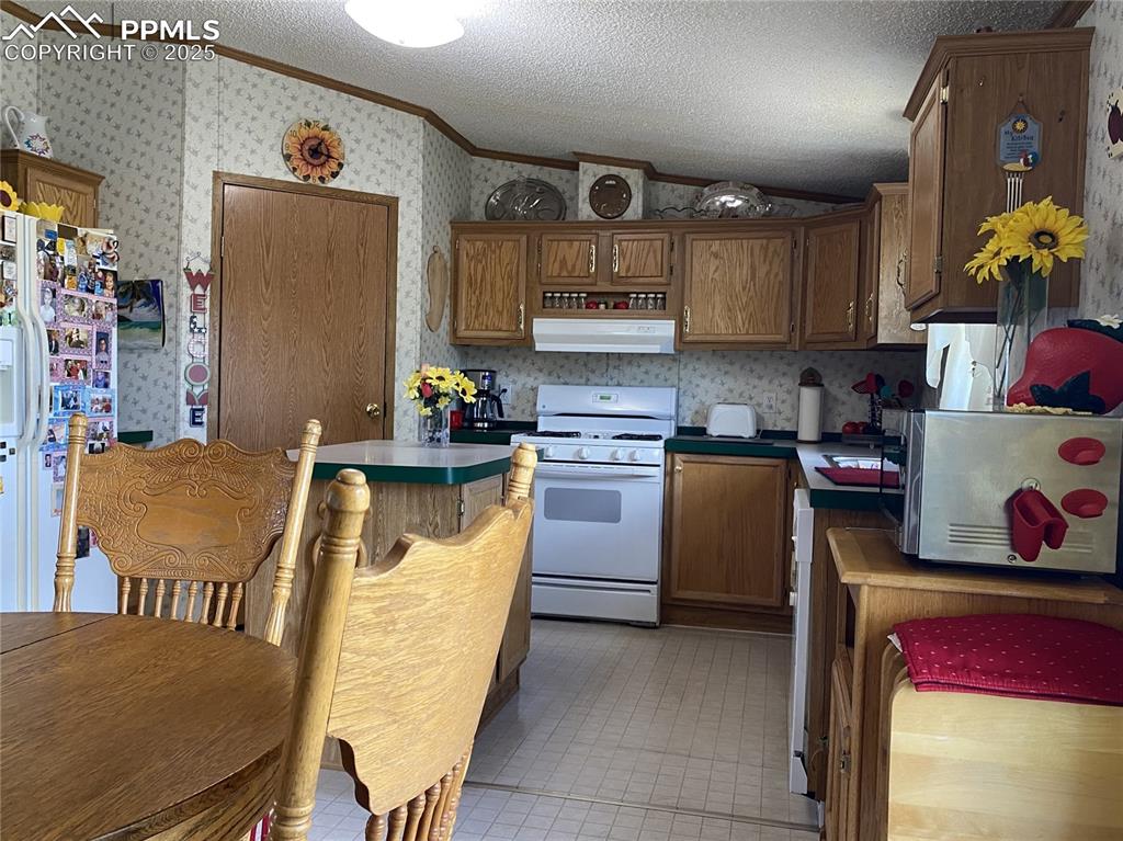3955 South Meridian Road Colorado Springs, CO 80929 - Photo 7 of 39 a kitchen with cabinets a refrigerator and a dining table
