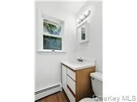 a bathroom with a sink toilet and mirror