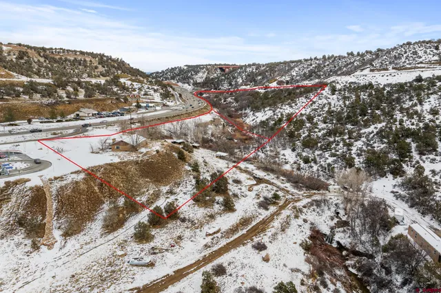 a view of a town with large trees