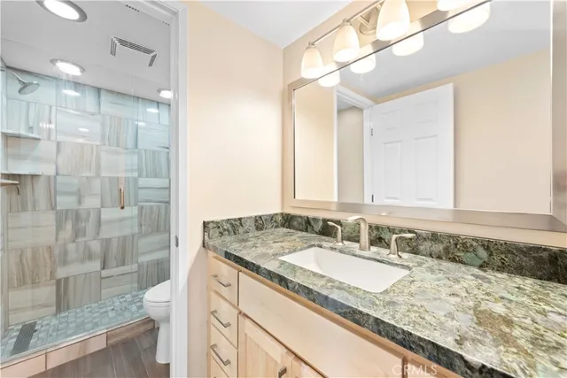 a bathroom with a granite countertop sink toilet and shower