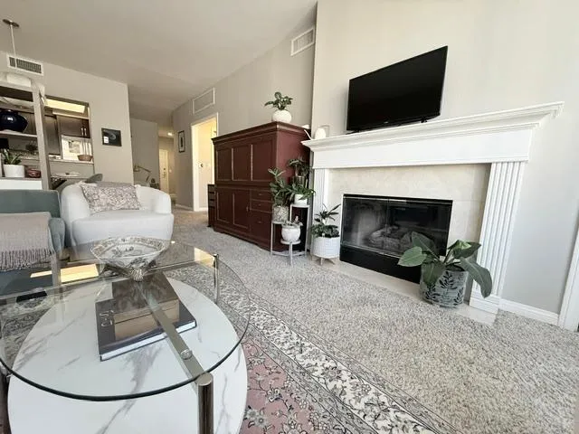 a living room with furniture a fireplace and a flat screen tv