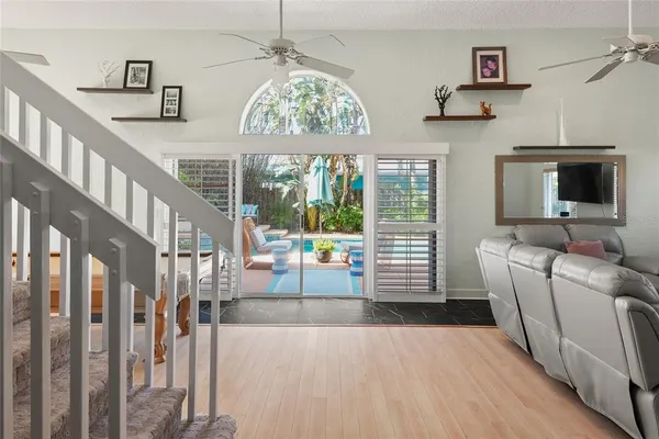 a room with stairs and a furniture