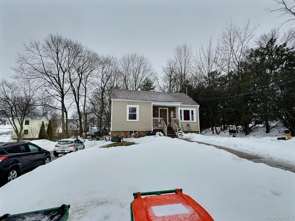a front view of a house with a yard covered with snow and trees