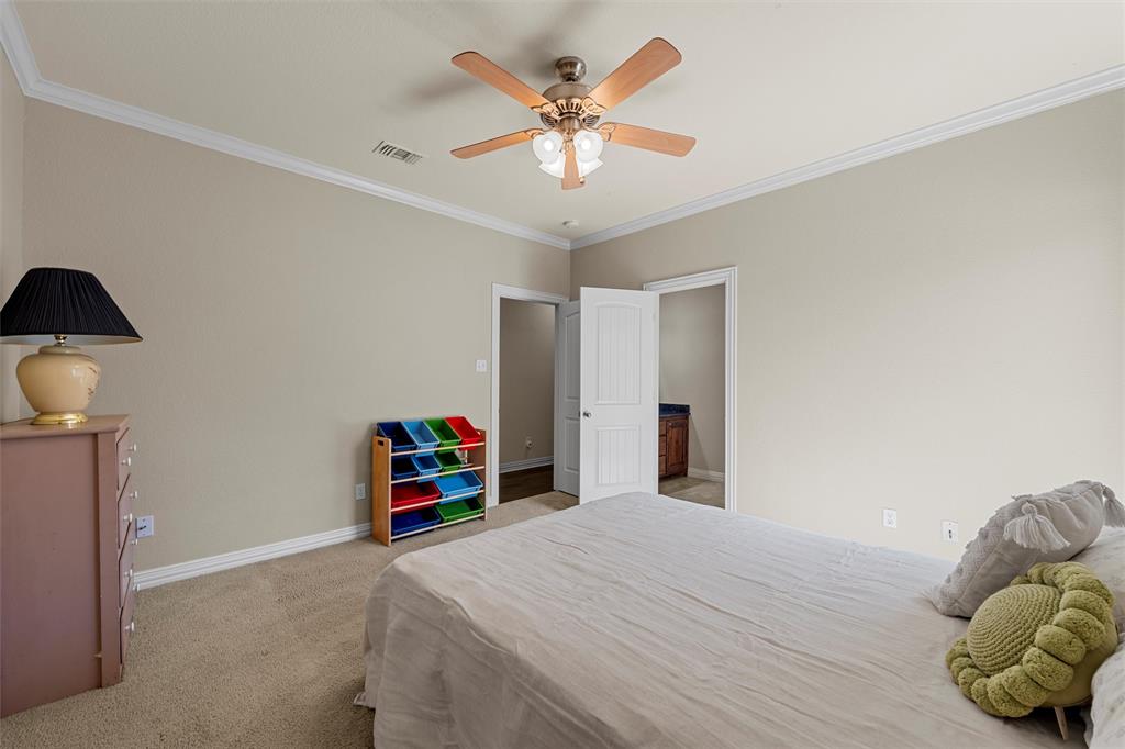 1125 Whispering Oaks China Spring, TX 76633 - Photo 20 of 39 Bedroom with crown molding, light colored carpet, a ceiling fan, and ensuite bath