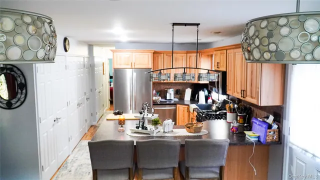 a view of a dining room with furniture