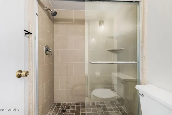 a bathroom with a toilet and a shower