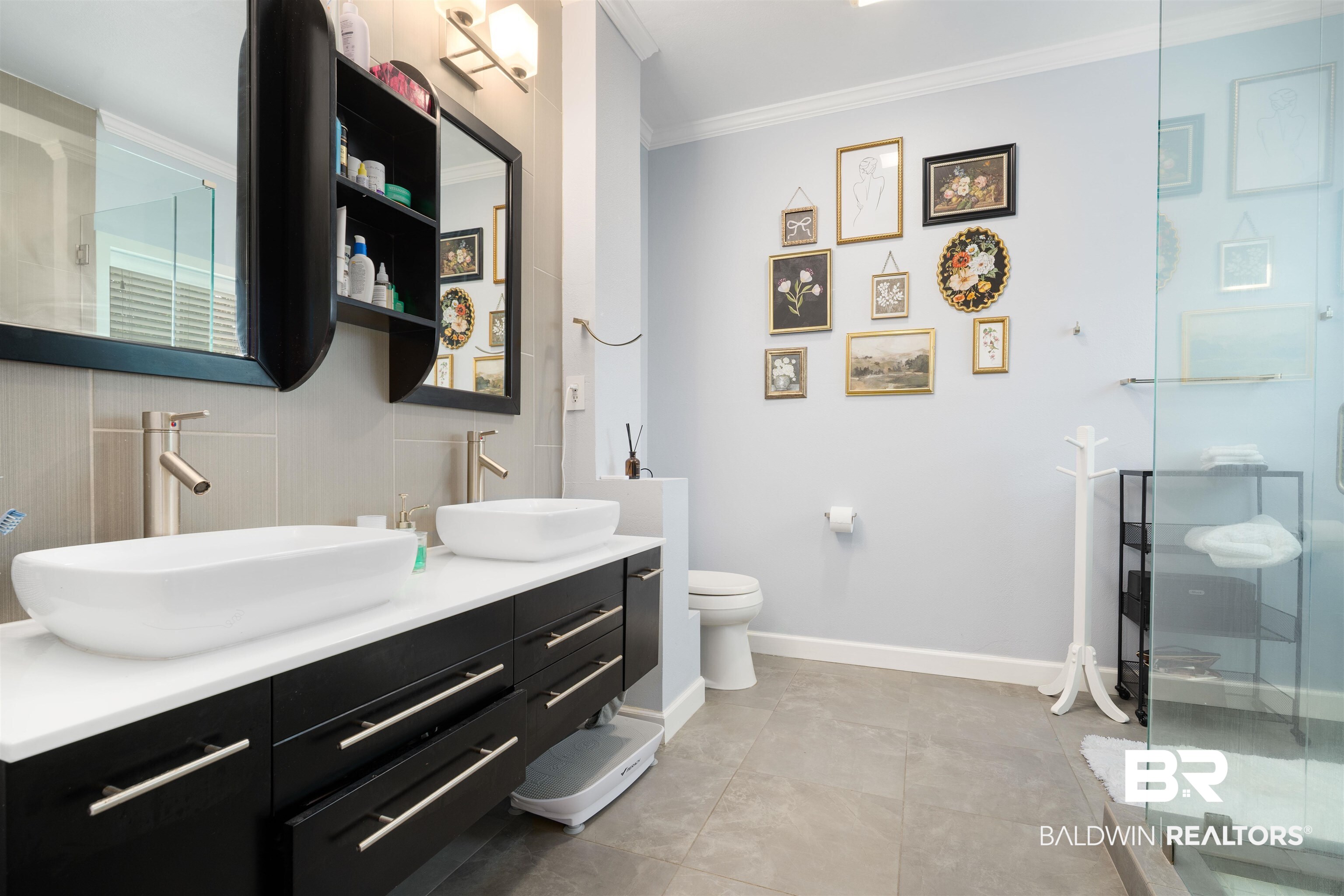 25806 Pollard Road, Unit 205 Daphne, AL 36526 - Photo 13 of 26 Full bath with a stall shower, ornamental molding, and double vanity