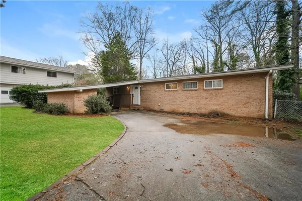 a view of back yard of the house with a large tree
