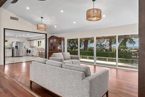 a living room with furniture potted plant and a large window